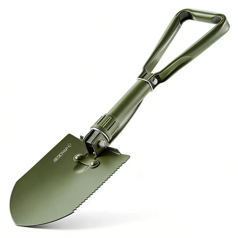 Ready For Anything 23 Inch Military Foldable Camping Shovel with serrated edge, high manganese steel, in green, tri fold design.