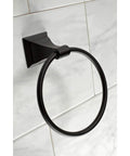 Monarch 5 Piece Bath Accessory Set in Matte Black with towel ring on tiled wall for traditional bathrooms