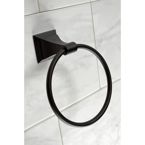 Monarch 5 Piece Bath Accessory Set in Matte Black with towel ring on tiled wall for traditional bathrooms