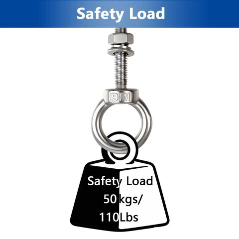 Safety load image of 4 Pack M6 x 25mm Threaded Eyebolts With Nuts And Washers, Stainless Steel Marine Grade Shoulder Eye Bolts