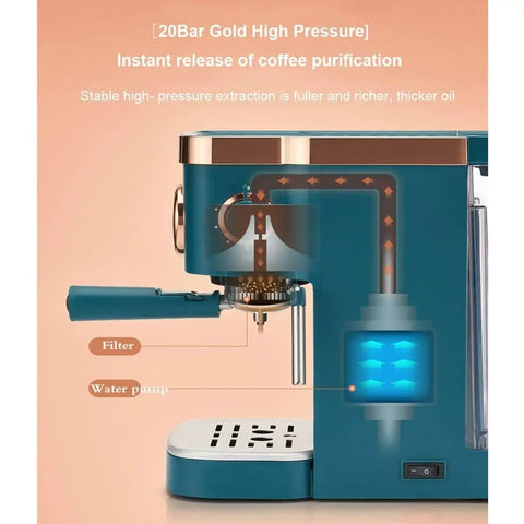 Game Changer Semi Automatic Espresso Maker With Integrated Milk Frother And Steam Wand For Nailing That Cafe Style Cappuccino Latte And Bold Home Brews Quick Heat Up And Steady Pressure For Smooth Sipping Daily, side view showing filter and water pump.