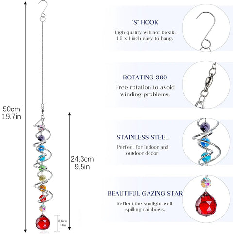 Seven Piece Crystal Gazing Ball Spiral Wind Spinner Suncatchers For Garden Decor, Durable Metal Frame With K9 Crystal Prisms, Cool Colorful Outdoor Yard Ornaments That Catch Sunlight And Spin In The Breeze; 50cm hanging spiral