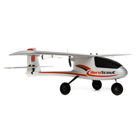 RC Airplane AeroScout S 2 1.1m RTF Basic with Safe Technology, side view, white and orange durable easy learning trainer for beginners