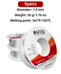 Sixty Forty Tin Lead Rosin Core Solder Wire For Electronics, One Millimeter Diameter, Fifty Gram Net Weight, Melting Point About One Hundred Eighty Three Degrees Celsius, Ideal For Soldering Electronic Components product image with wire spool and specs.