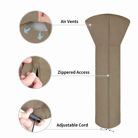 Patio Heater Cover With Zipper And Storage Bag All Weather Waterproof Dustproof UV Protected Wind Resistant Fits Most Propane Patio Heaters Camel 89 Inches High 33 Inches Diameter 19 Inches Base