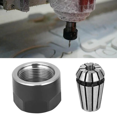 Get That Er11 Chuck Collets Clamping Nuts Lathe Parts For Your Cnc Milling And Engraving Machine With 3 Point One Seven Five mm High Hardness And Strength For Serious Boring, Milling, Drilling Tasks At Last. Image showing CNC tool bit and ER11 chuck collet nut.
