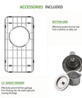 Image of accessories for Undermount Small Bar Sink Workhorse in 16 Gauge Stainless Steel, including bottom grid and 3.5-inch basket drainer.
