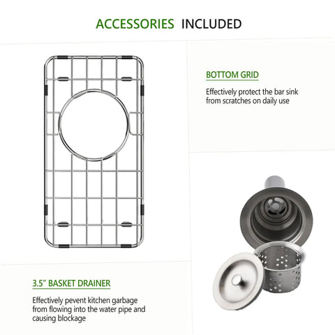 Image of accessories for Undermount Small Bar Sink Workhorse in 16 Gauge Stainless Steel, including bottom grid and 3.5-inch basket drainer.