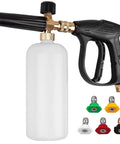 Pressure Washer Short Gun Foam Cannon Kit With One Quarter Inch Quick Connector And Five Nozzle Tips M22 To Fourteen Millimeter Inlet Adapter Up To Two Thousand PSI For Cars Driveways And Patios
