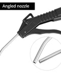 Eight Piece Heavy Duty Pistol Grip Air Blower Gun With Angled Nozzle for Kicking Up Dust and Grime In The Shop Or House details showing steel angled nozzle.