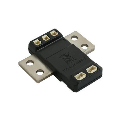 Straight Up 2500A Shunt Current Sensor For Electric Vehicle Battery Monitoring and High Amp Load Testing with Dead On Readings, black and silver design.