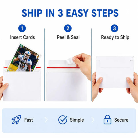 Bulk Trading Card Shipping Envelopes 7 x 4.35 Inch Self Adhesive Mailers showing insert, peel & seal, and ready to ship steps.