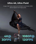 Tiny But Mighty AI Auto Tracking 4K Webcam With Triple Mic Spatial Audio next to a dancer showcasing fluid motion and 4K output.