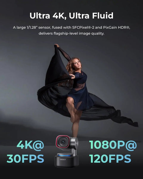 Tiny But Mighty AI Auto Tracking 4K Webcam With Triple Mic Spatial Audio next to a dancer showcasing fluid motion and 4K output.