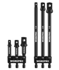 Six Piece Socket Adapter Extension Set With Quarter Inch Hex Shank For Quarter Inch, Three Eighths Inch, And Half Inch Drive Sockets