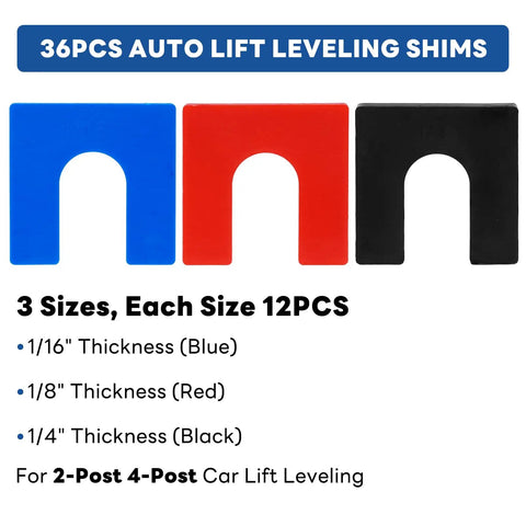 DIY Ready 36 Piece Auto Lift Leveling Shim Kit for 2 Post and 4 Post Lifts with 12 blue, red, and black shims shown.