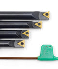 Half Inch Round Shank Boring Bar Set With 90 Degree Indexable Carbide Inserts TCMT21.51 TCMT110204, four bars with green tool