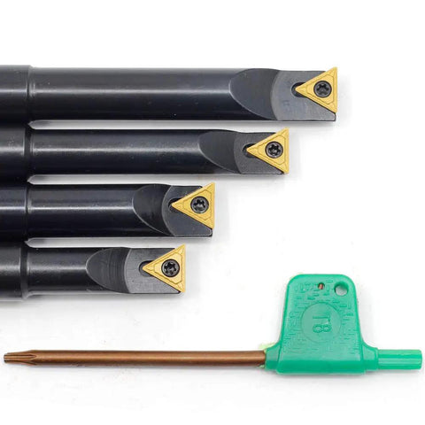 Half Inch Round Shank Boring Bar Set With 90 Degree Indexable Carbide Inserts TCMT21.51 TCMT110204, four bars with green tool