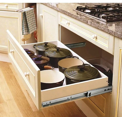 Heavy Duty 16 Inch Drawer Slides Set With 3 Section Full Extension Ball Bearing Side Mount 100 Lb Capacity Zinc Plated Steel in kitchen