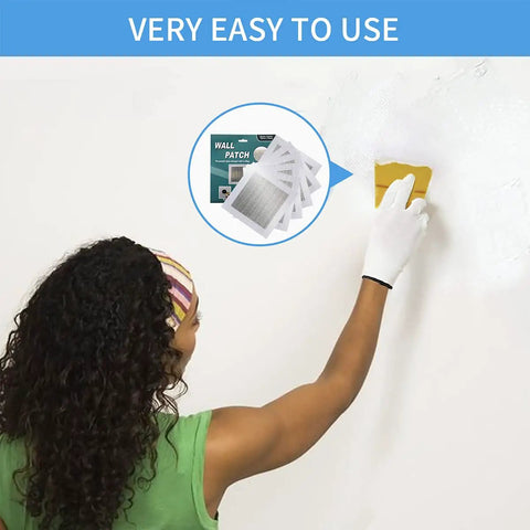 Person using 6 Inch Drywall Patch Kit Six Pack Self Adhesive 6x6 Aluminum Mesh Patches for Holes and Busted Plasterboard Wall Repair