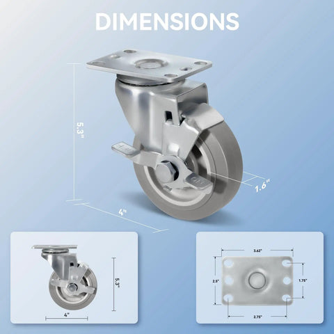 Rock Solid 4 Inch Heavy Duty Caster Wheels Featuring Silent Thermoplastic Rubber Treads And Sturdy Steel Plates for carts, dimensions shown.