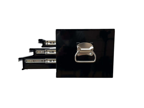 Side view of a Three Drawer Portable Metal Tool Chest With Locking Cam 26 Inch Mid Size Cabinet Ball Bearing Drawer Slides open in black