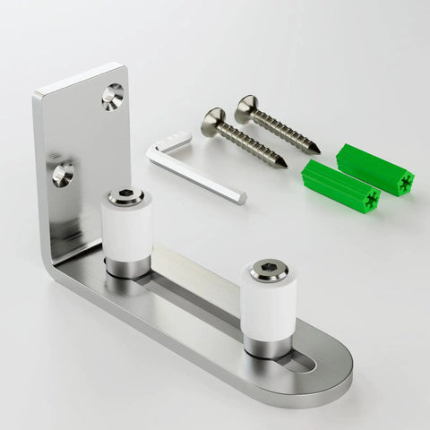 Stainless Steel Barn Door Floor Guide With Adjustable Ball Bearing Bottom Guide Wall Mount and hardware for smooth sliding.