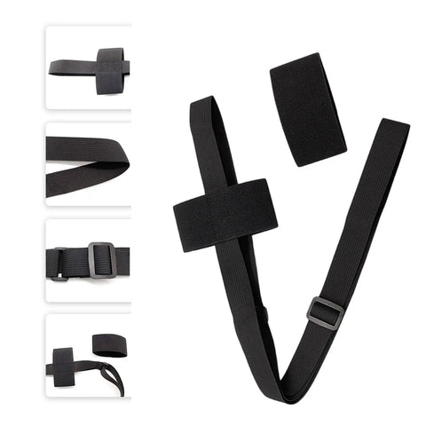Black adjustable strap set with buckle, shown in multiple angles, suitable for fastening and securing items.
