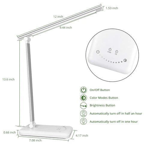Diagram showing dimensions and controls of LED Touch Desk Lamp With USB Charging Port And 5 Lighting Modes And 5 Brightness Levels