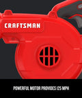 Side view of V20 Cordless Leaf Blower Bare Tool, highlighting motor design, labeled as reaching 125 MPH, with visible speed selector.
