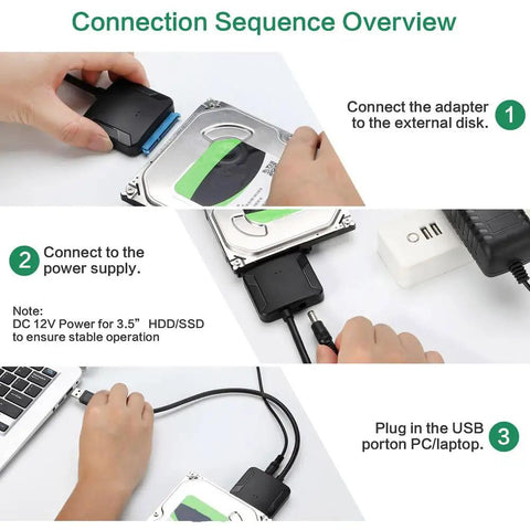 Step-by-step guide using Plug And Play SATA To USB 3.0 External Adapter Cable For 2.5 Inch And 3.5 Inch HDD And SSD With Power Supply.