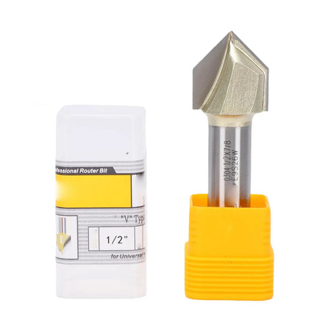 Solid 1/2 Inch Shank 90 Degree V Groove Router Bit Made With Tungsten Carbide For Cutting MDF Plywood Woodwork And Soft Metal Projects Smooth And Reliable! with protective case