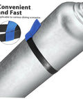 Scuba Tank Holder Strap Belt for Diving Gear Neoprene Binding Band on silver tank, blue strap detail, keeps tanks secure and easy to carry during dives reliable tank ring attachment for stable underwater equipment transport.