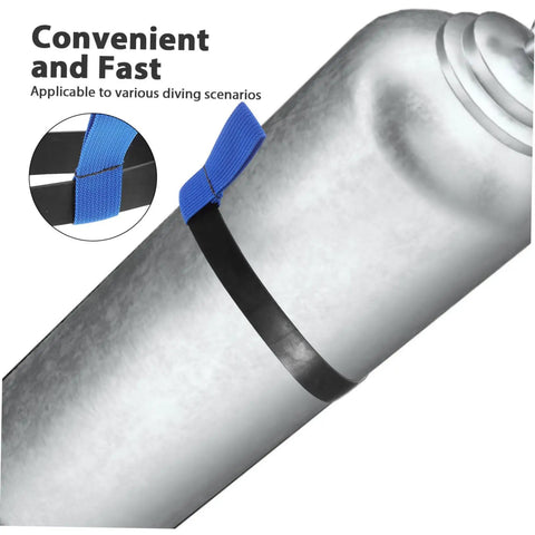 Scuba Tank Holder Strap Belt for Diving Gear Neoprene Binding Band on silver tank, blue strap detail, keeps tanks secure and easy to carry during dives reliable tank ring attachment for stable underwater equipment transport.
