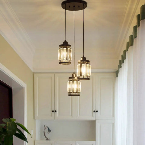 Three Light Farmhouse Pendant Light With Adjustable Ceiling Hanging Fixture And K9 Crystals In Black Finish For Kitchen Island