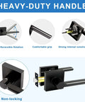 Detailed view of 8 Pack Black Heavy Duty Passage Door Levers For Closets Hallways And Conference Rooms Non Locking Square Interior Door Handles with reversible feature.