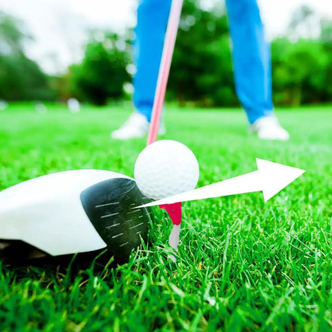 Golf club hitting ball on adjustable tee on grass, showcasing Premium Adjustable Golf Tee Set for Long Drives with 5 Degree Launch Angle