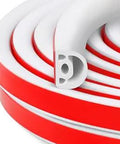 Close-up of coiled White Door Weather Stripping Seal for Energy Efficient Home Draft Stopper Weatherproofing Kit for Exterior and Interior Doors.