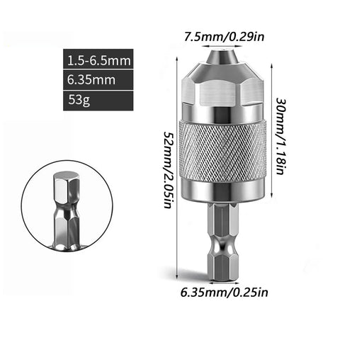 Hex Quick Change Drill Chuck With 3 Jaw Grip Hardened Steel Build Quick Lock Shank, dimensions labeled for woodworking and metalworking