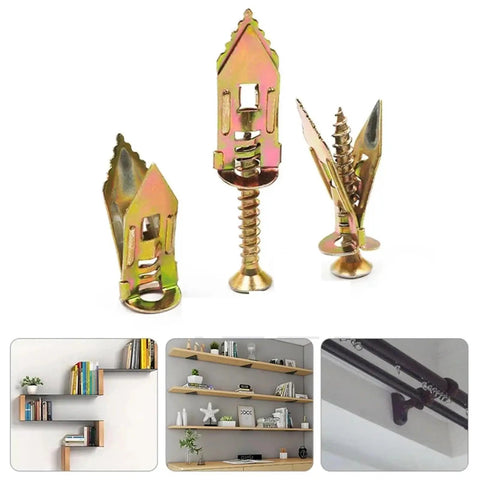 Self-Drilling Drywall Anchors Kit 12x30mm With Screws for Plasterboard Fixing, Premium Yellow Zinc-Plated Carbon Steel, Rust-Resistant No-Prep Install, Quick Mount for TVs, Shelves, Cabinets, and Wall Decor. Three drywall anchors with screws and shelf wall mounting examples