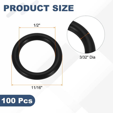 100 Pcs Nitrile O-Rings 1/2 In ID, 11/16 In OD, 3/32 In Thick, 70 Durometer Black Sealing Gaskets dimensions