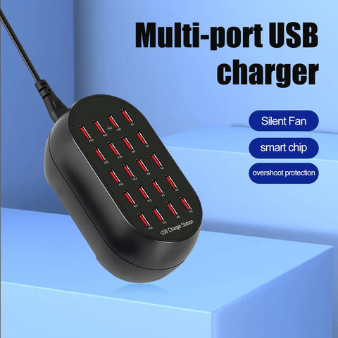 Dope 20 Port USB Charging Station With 100W Total Power Multi Device Desktop Charger Hub with visible USB ports on blue background