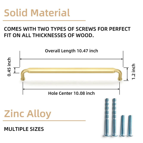 Diagram of Six Pack 10 Inch Hole Center Cabinet Pulls Light Brushed Brass Zinc Alloy Kitchen Drawer Handles with screw measurements.
