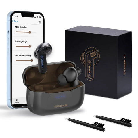 F1P Bluetooth OTC Hearing Aids For Seniors And Adults With Hearing Loss Featuring AI Voice Enhancement, case, app on phone