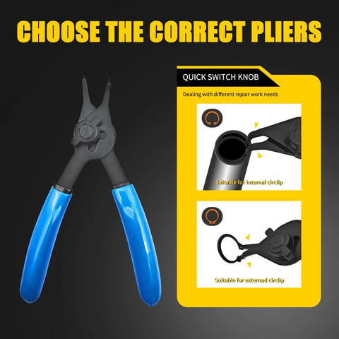 12-Piece Snap Ring Pliers Set For Internal And External Retaining Rings with blue handles and quick switch knob guide