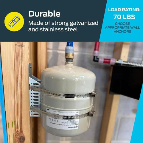 Universal Expansion Tank Water Heater Wall Mount Bracket in stainless steel with straps installed on wall with tank.