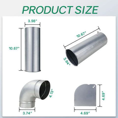 Upgraded Dryer Venting Kit With Side Or Bottom Venting components shown in various sizes, including ducts and plate.
