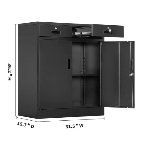 36 Inch High Locking Metal Storage Cabinet With Two Drawers And An Adjustable Shelf For Office, Garage Or Home, Heavy Duty Steel Construction In Black Finish