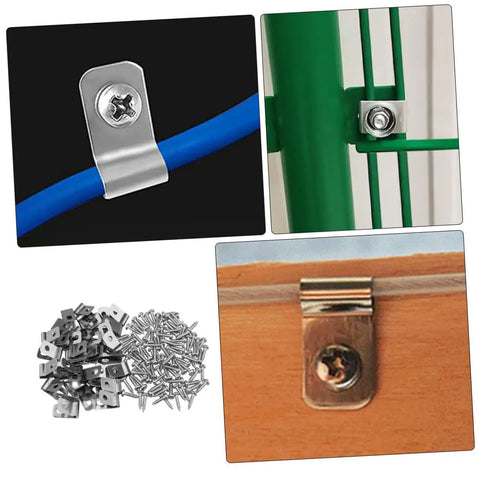 Beefy Heavy Duty Stainless Steel Wire Clips For Garden Fence And Wire Fencing Quick Assembly And Removal Clamps Pet Cage Fixing Clips Durable Cage And Cable Mounts For Home Workshop And Warehouse Use, shown with various mounting setups