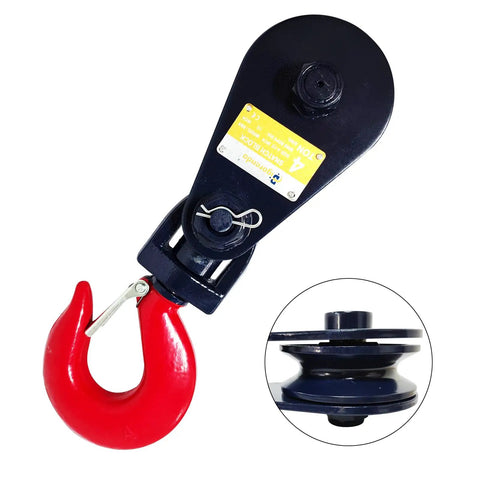 Heavy Duty Beefed Up 2 Ton Snatch Block With Hook For Three Eighth Inch Wire Rope 3 Inch Sheave 4400 Lbs Working Load Snatch Block Pulley For Car Hauler Rollback Wrecker Tow Truck Winch Accessories Two Pack, black steel with red hook